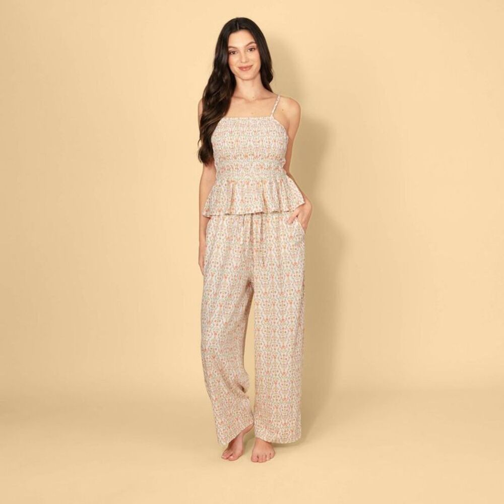 Women's Mid-Rise Drawstring Poplin Pull-On Pants - Cream/Orange Floral XS